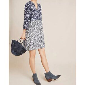 Anthropologie Maeve Juno Short Dress Split Neck 3/4 Sleeve Viscose Grey Motif S